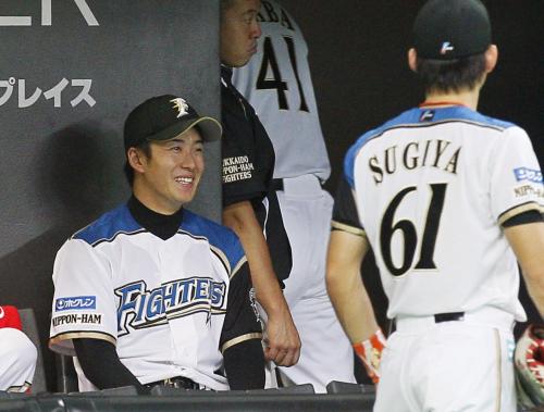 ５回を投げ終え無失点、ベンチで笑顔を見せる日本ハム・斎藤