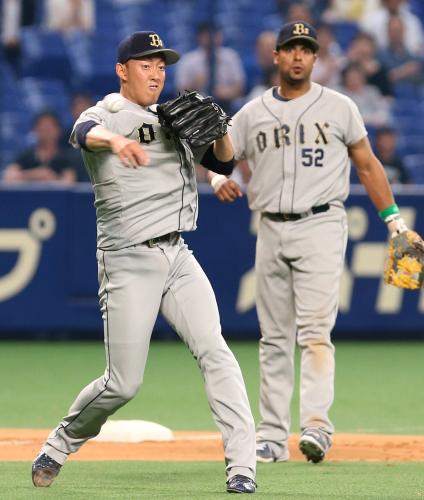 ＜中・オ＞９回、小田の打球を処理し一塁に送球をするオリックス・平野佳（左）