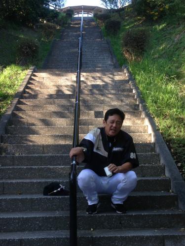 階段ダッシュを終え、苦悶（くもん）の表情を浮かべて立ち上がることができない日本ハム・栗山監督