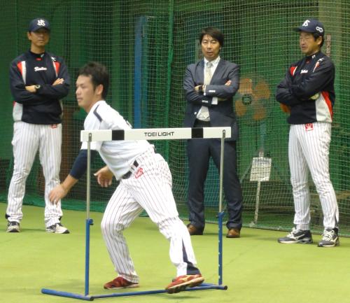 伊藤投手コーチ（左）、佐藤ヘッドコーチ（右）とともに練習する小川（手前）を見守る高津投手コーチ（中央）