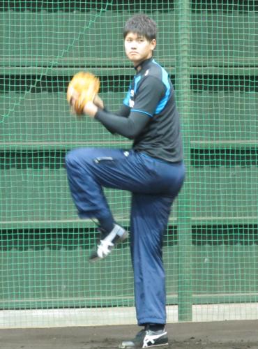 今年３度目のブルペンで熱のこもった投球を見せる日本ハム・大谷