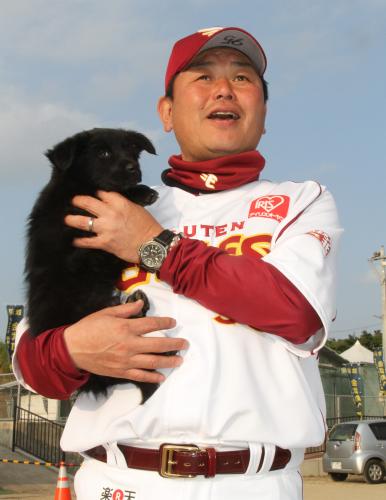 ＜楽天・韓国サムスン＞試合後、球場近くに住む子犬を「かわいいなあ」と抱き上げる大久保監督