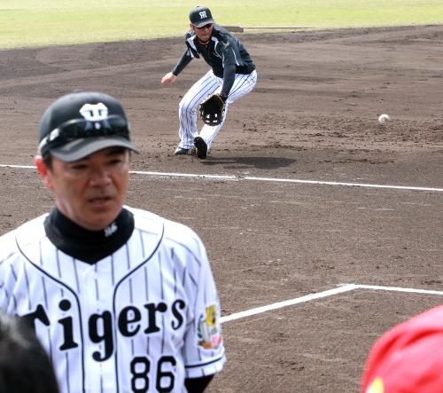 和田監督（手前）が取材を受ける向こうで三塁の位置でノックを受ける西岡