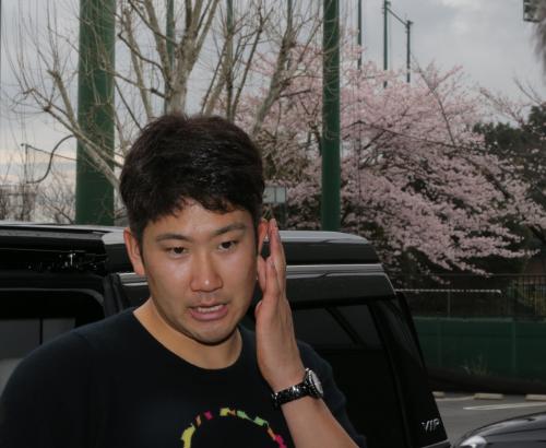 桜咲く駐車場で報道陣の質問に答える菅野