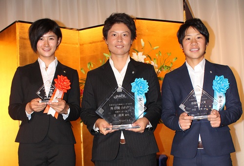 （左から）新人特別賞の加藤、角谷賞（ＭＶＰ）の里、最優秀新人賞の中田
