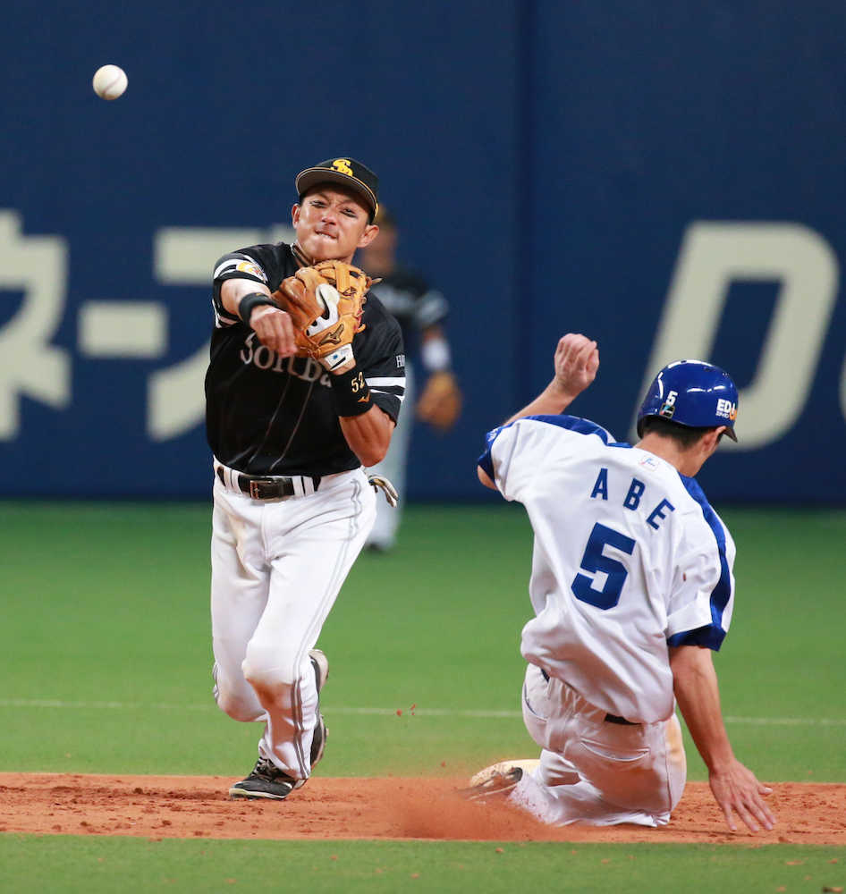 ＜中・ソ＞５回無死一塁、福田の遊ゴロ併殺で一塁へ送球する川崎（左）