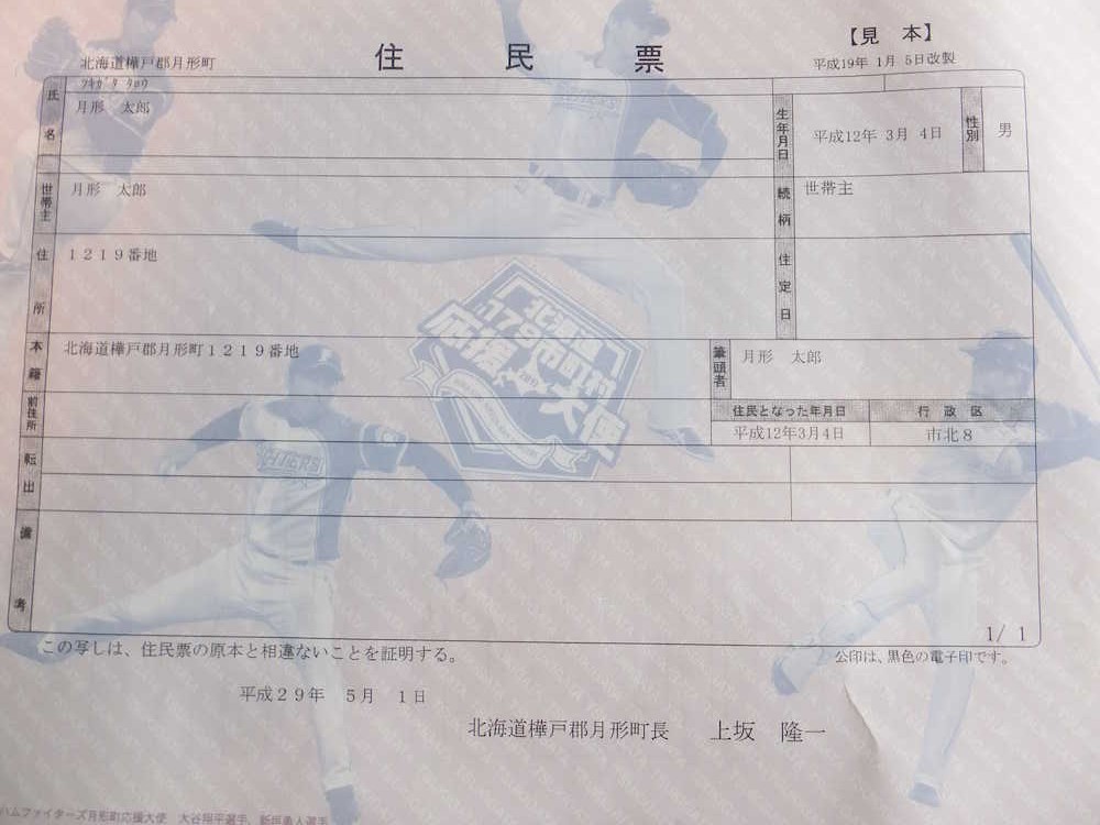 北海道月形町で発行されている応援大使仕様の住民票写しの見本