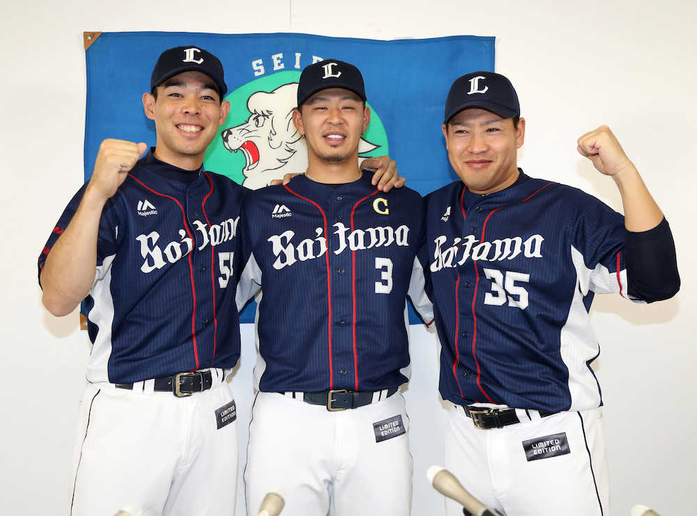 オールスターファン投票で選出された（左から）、秋山、浅村、牧田