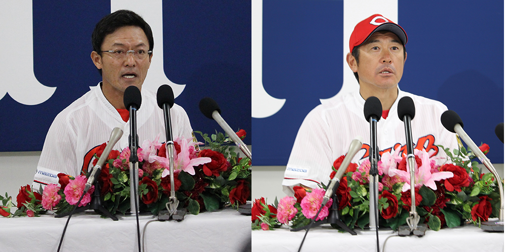 今季限りでの退団を発表した広島の石井コーチ（右）と河田コーチ