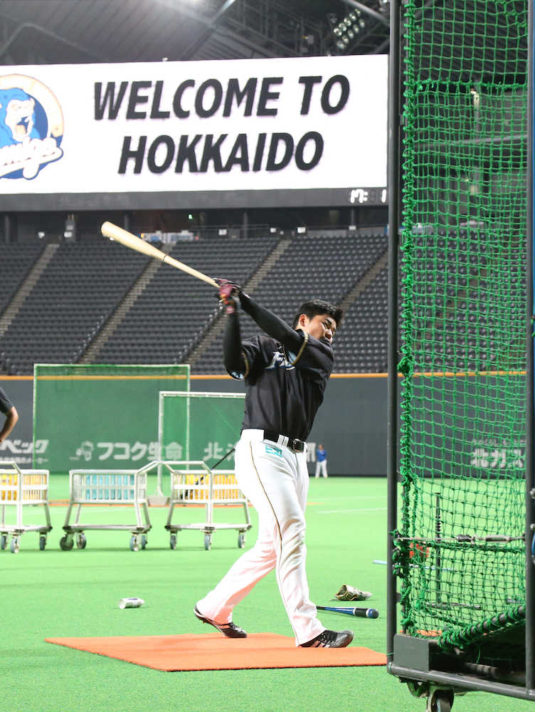 札幌ドームで打撃練習する日本ハム・清宮