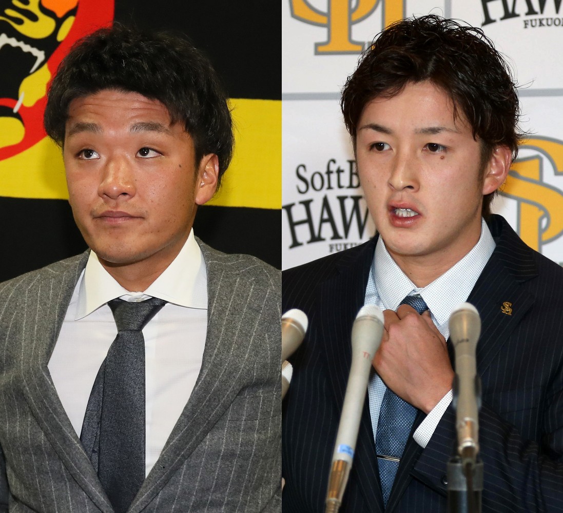 阪神・松田遼馬投手（左）とソフトバンク・飯田優也投手