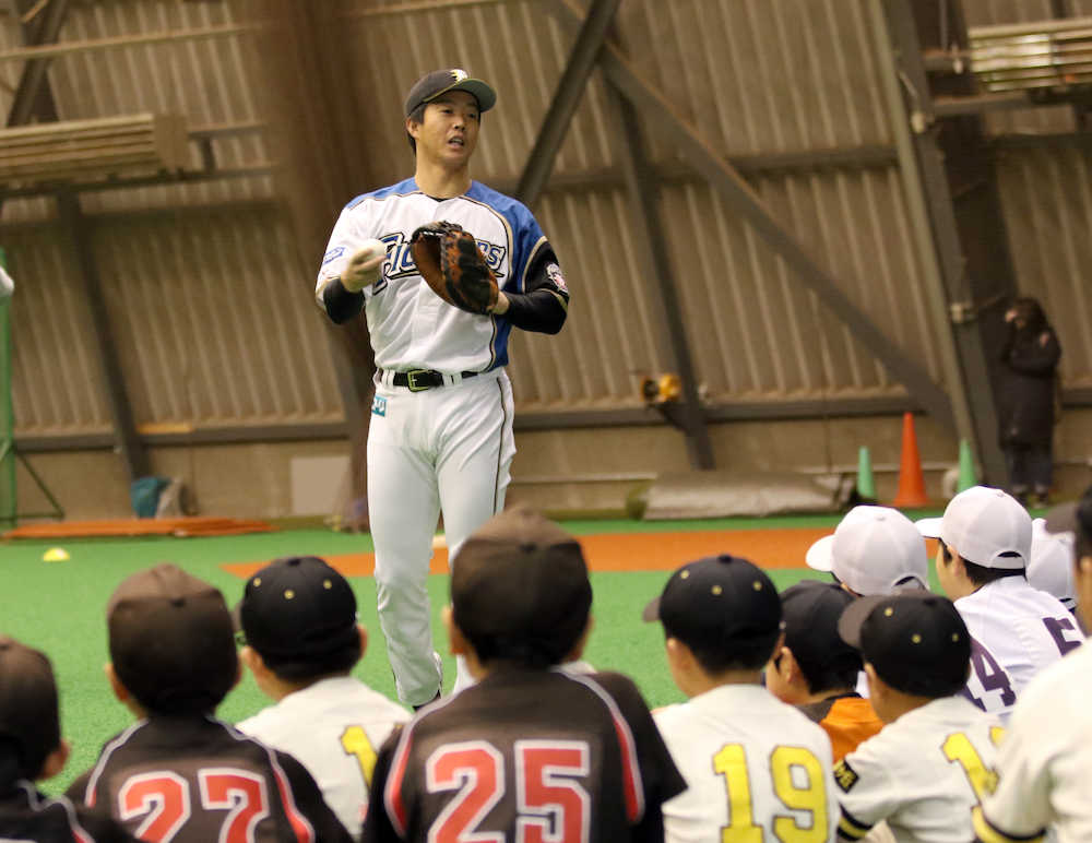 ＜日本ハム＞パーソル野球教室で講師を務めた鶴岡は、子供たちにキャッチボールでの投げ方を教える＝撮影・高橋茂夫