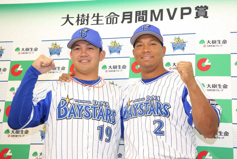 月間MVPを受賞した山崎（左）とロペス（撮影・島崎忠彦）