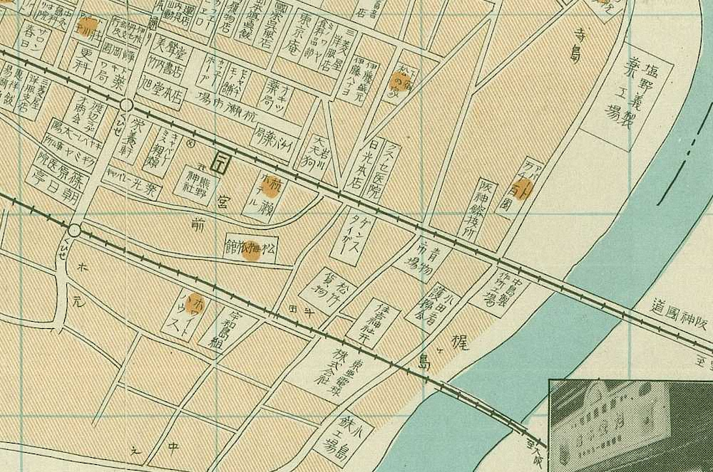 1936（昭和11）年当時の地図にある「ダンス・タイガー」＝尼崎市立地域研究史料館所蔵「大尼崎市街圖」＝