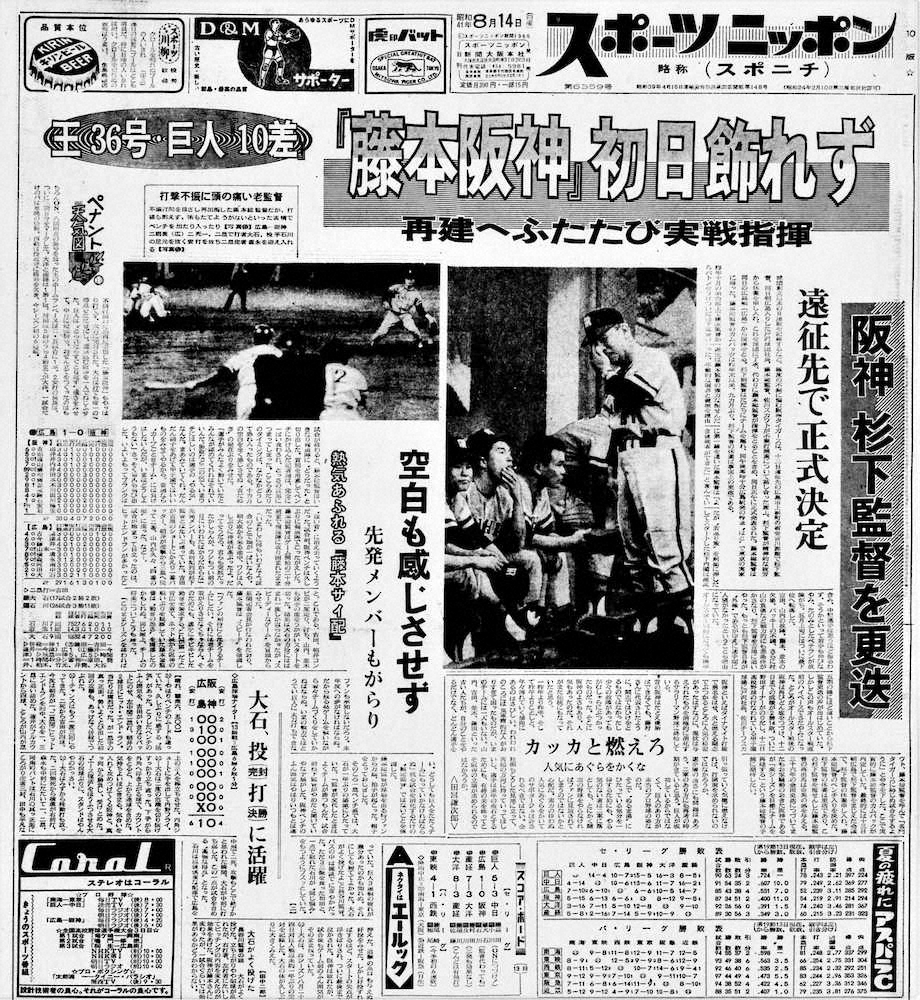 杉下監督を更迭、「藤本阪神」初日飾れずと見出しが並ぶスポニチ本紙（大阪本社発行版）1966年8月14日付1面