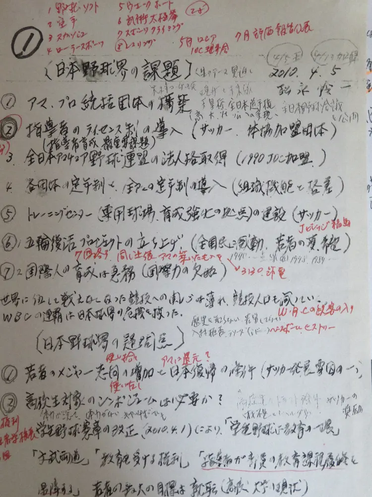 松永さん直筆の野球ノート