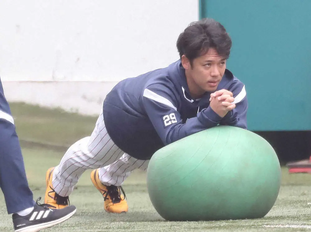 ＜ヤクルト投手練習＞バランスボールを使ってトレーニングする小川（撮影・村上　大輔）