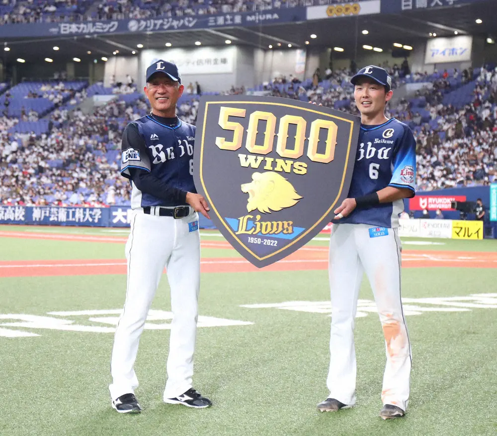 球団通算5000勝を記念したプレートを持つ西武・辻監督と源田（2022年8月28日撮影）