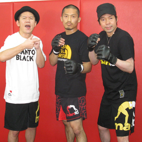 ２９日のＤＲＥＡＭバンタム級日本トーナメントでリオン武と戦う松本（中央）はオモロー山下（左）今田にＫＯで勝利すれば芸能人との飲み会を約束させた