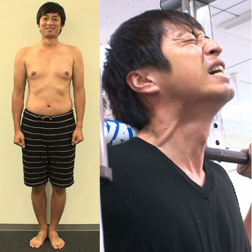 “隠れぽっちゃり体形”の「チュートリアル」徳井義実（左）はアンダーウエアのモデルに挑戦するため、腹筋を割るべく筋力トレーニングに励む（Ｃ）日本テレビ