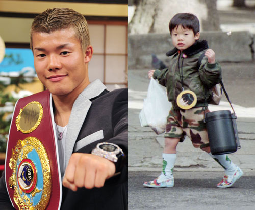 現在の亀田和毅（左）。右は１８年前、保温式弁当箱を父・史郎氏に届ける「はじめてのおつかい」に挑戦した４歳の和毅（Ｃ）日本テレビ