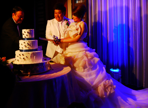 披露宴でケーキに入刀する「プラスマイナス」岩橋良昌夫妻