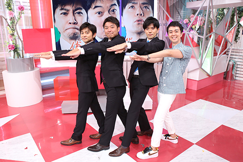 「アナサー男子三人衆」の（左から）森圭介、藤田大介、青木源太の各アナウンサーとプロデュースしたヒャダイン