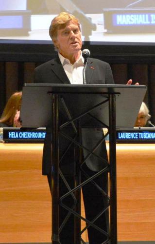 29日、ニューヨークの国連本部で開かれた討論イベントに参加したロバート・レッドフォード