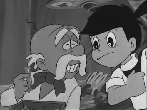 ギャグアニメ「ファイトだ！！　ピュー太」のツルリ博士（左）とピュー太（ｃ）ムロタニ・ツネ象　毎日放送