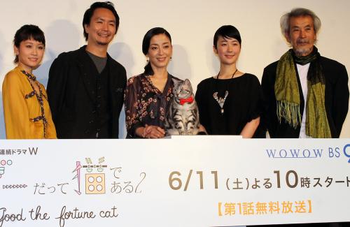 ドラマ「グーグーだって猫である２」の完成披露試写会に顔をそろえた（左から）前田敦子、長塚圭史、宮沢りえ、黒木華、田中泯