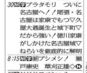 １０日付のスポーツニッポン新聞大阪版の東海地区テレビ欄。「ブラタモリ」の欄を縦読みすると「名古屋だがね」の文字が