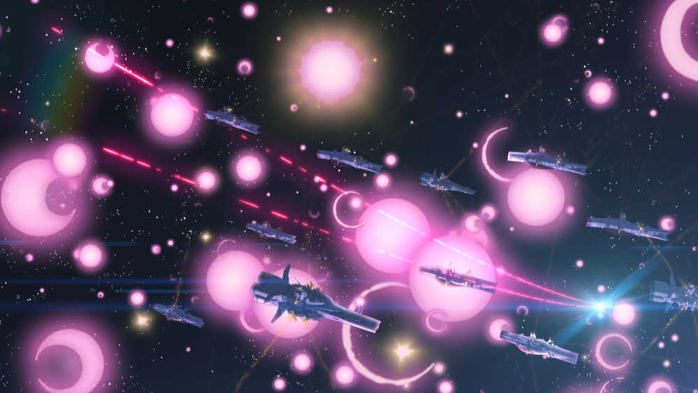 ルウム宙域に集まった地球連邦軍の戦艦「マゼラン」や巡洋艦「サラミス」がジオンと艦隊戦を繰り広げる場面。空気のない宇宙空間での爆発はピンク色の光を出すと、７０年代当時からのＳＦのセオリーという（Ｃ）創通・サンライズ