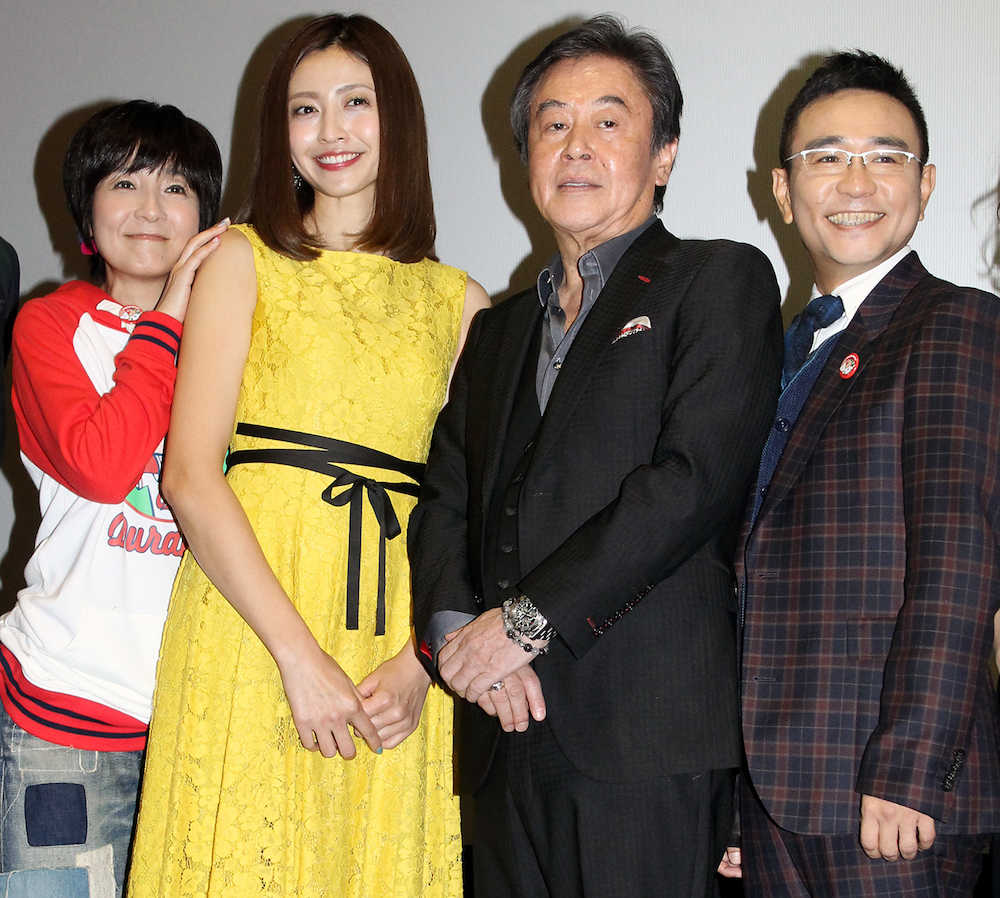 映画「こいのわ婚活クルージング」の初日舞台あいさつを行った（左から）藤田朋子、片瀬那奈、風間杜夫、八嶋智人