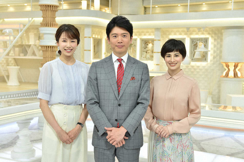 TBS「Nスタ」に加入する良原安美アナウンサー（左）。メインキャスターの井上貴博アナ（中央）とキャスターのホラン千秋
