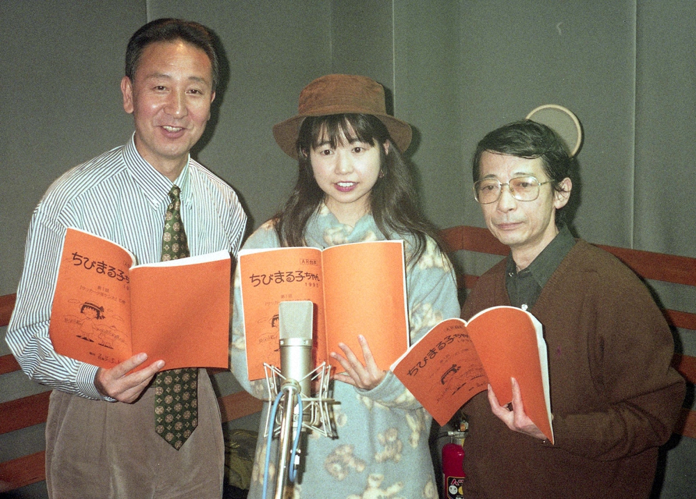 フジテレビ「ちびまる子ちゃん」の収録に臨む（左から）キートン山田、TARAKO、富山敬（1994年撮影）