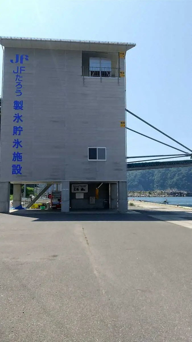 製氷貯水施設には明治、昭和、平成の地震による津波の高さが（建物右側の黄色い目印）