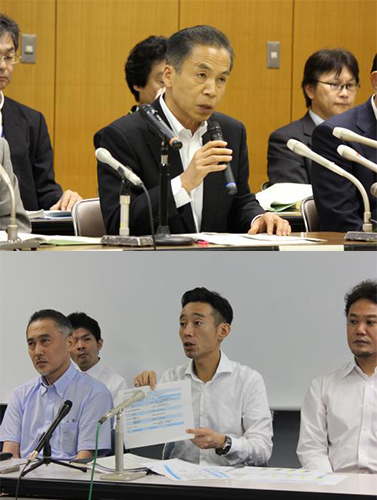 （写真上）１５年度末での船橋オートの廃止を表明する船橋市の松戸市長と（同下）選手会の声を伝える永井（中央）
