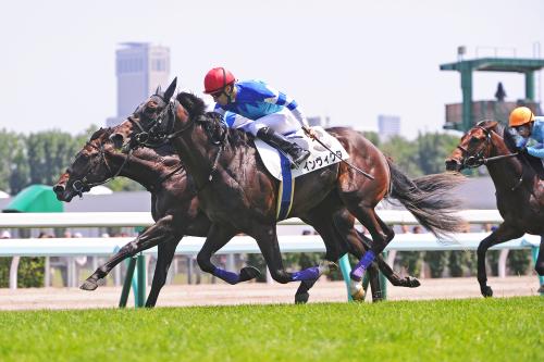 札幌５Ｒ新馬戦で、ゴール前の直線でロードコランダム（１）と競り合い、一気に差し切って勝ったインヴィクタ