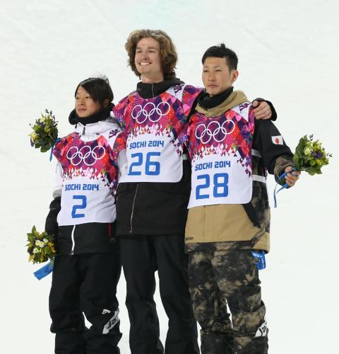＜スノーボードＨＰ決勝＞日本勢初メダルを獲得した平野（左）と平岡（右）