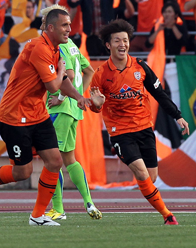 昨年３月１６日、湘南戦でプロ初ゴールを決めた八反田
