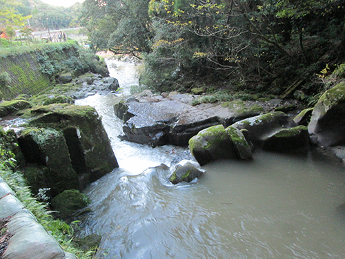 堰の痕跡と取水口跡（左側の凹み）に生活用水溝の名残が見える「関吉の疎水溝」