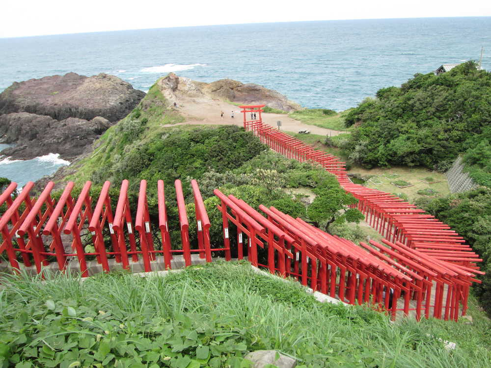 海の青と鳥居の赤とのコントラストが美しい元乃隅稲成神社