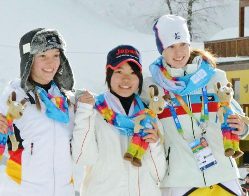 冬季ユース五輪のジャンプ女子で優勝し、表彰式で喜ぶ高梨沙羅（中央）