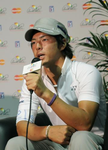 米男子ゴルフのアーノルド・パーマー招待を前に記者会見する石川遼