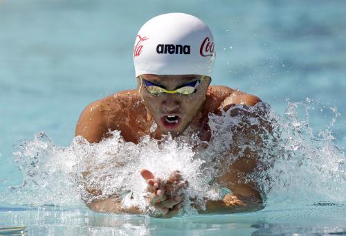 男子１００メートル平泳ぎで３位に終わった北島康介