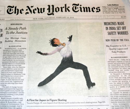 羽生結弦選手の写真を１面に掲載した15日付の米紙ニューヨーク・タイムズ