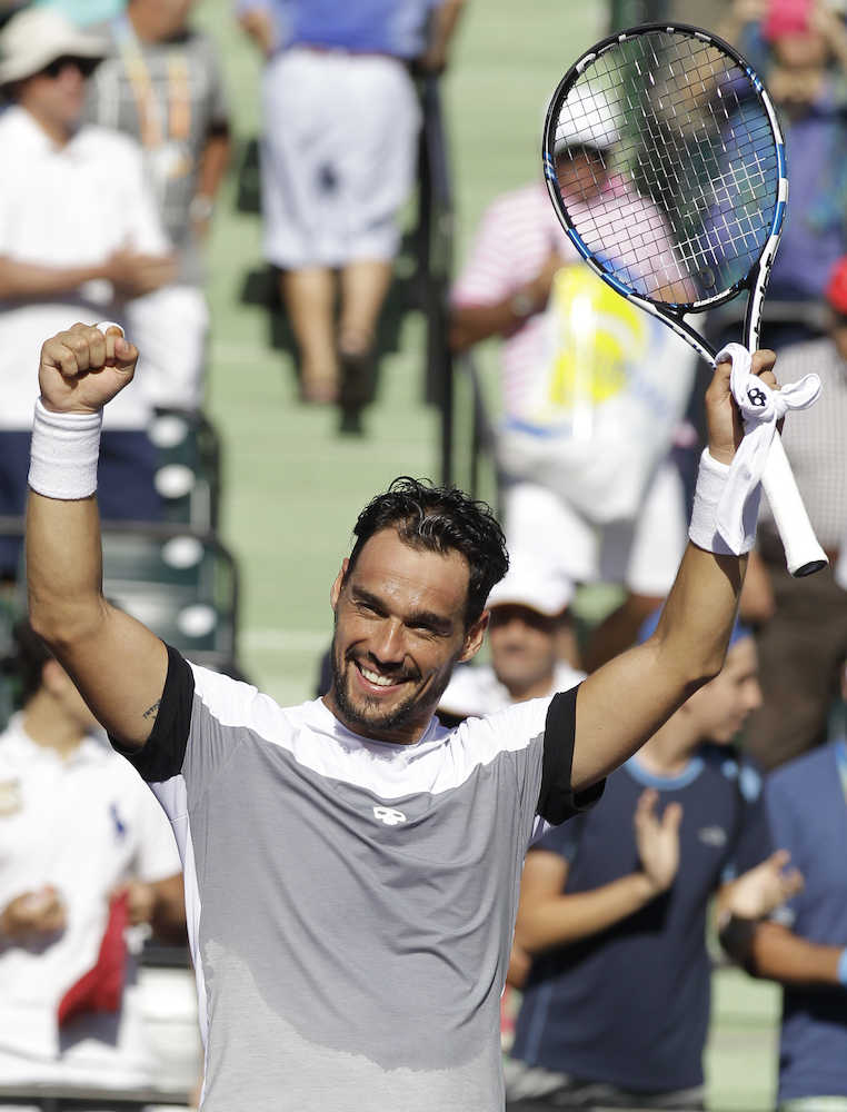 ＜マイアミ・オープン　男子シングルス準々決勝≫錦織を破りガッツポーズのフォニーニ（ＡＰ）