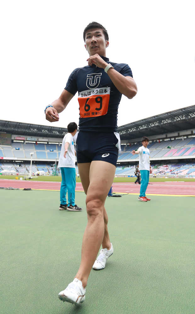 関東学生対校選手権、男子１００メートル予選で準決勝進出を決めた桐生