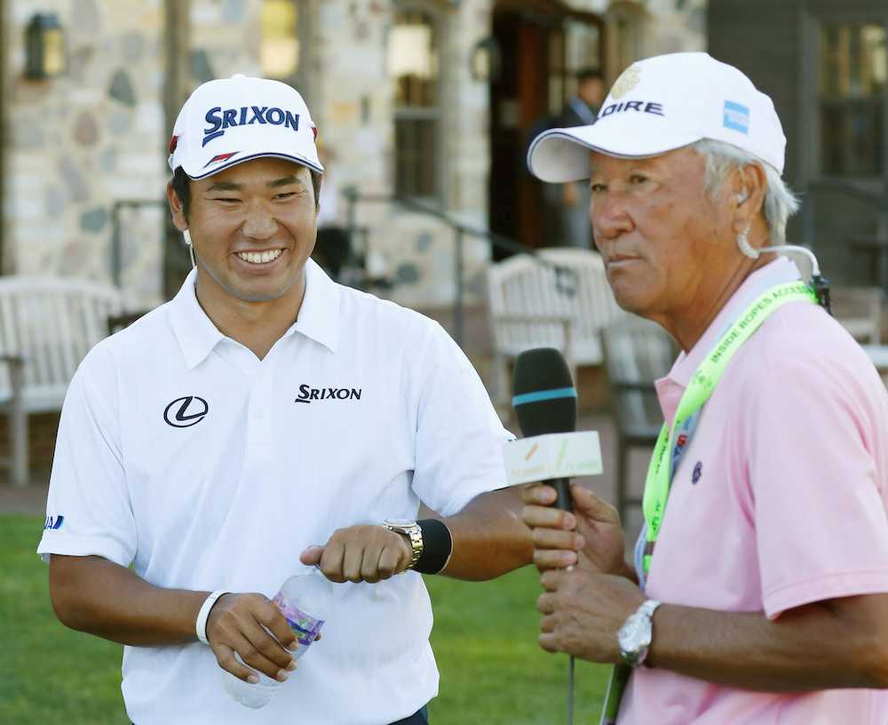 全米オープンゴルフ　笑顔の松山と青木氏