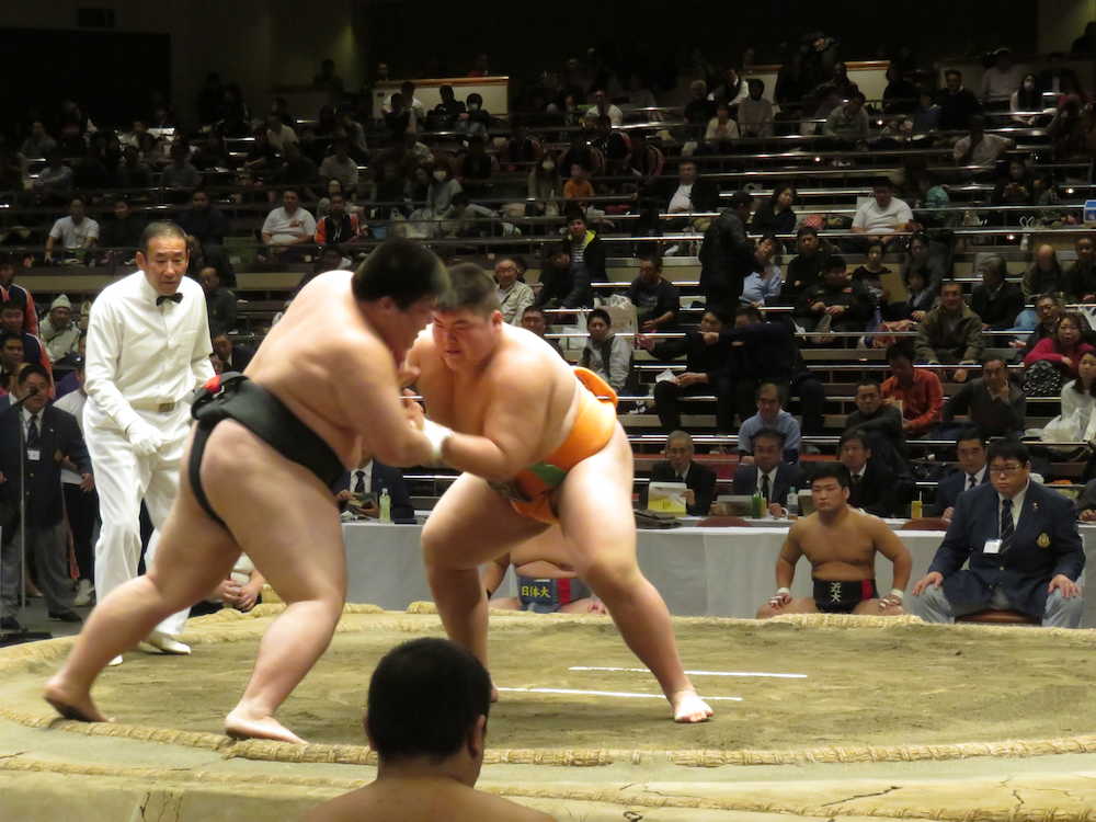 全日本相撲選手権に出場した埼玉栄高の納谷（右）は、予選２回戦で日大の広尾に勝利